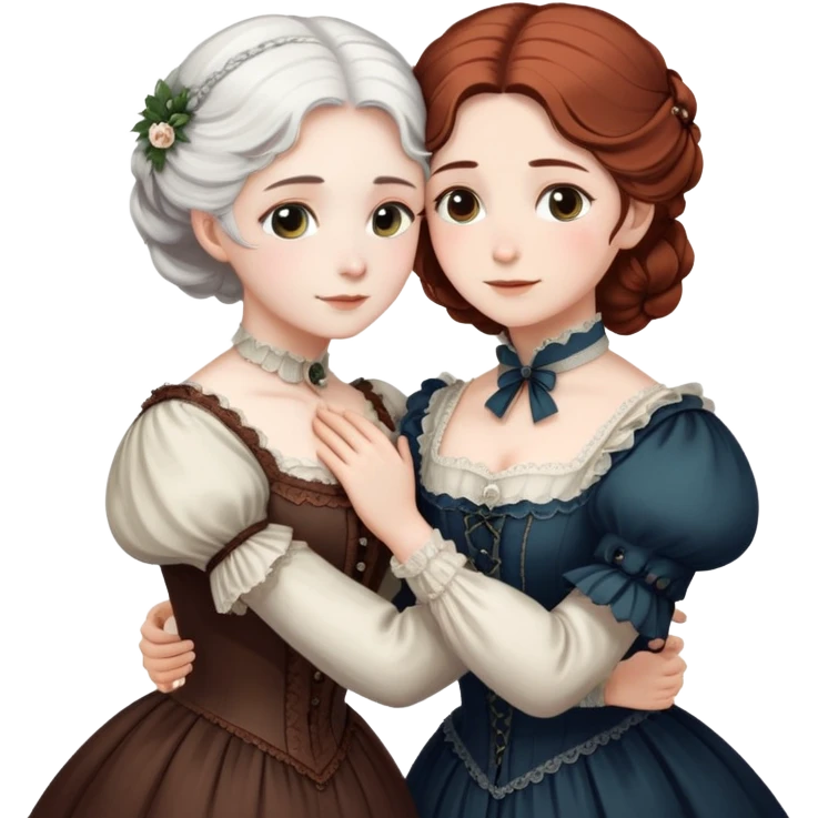 Two Victorian era women hugging each other closely, one with white hair and one with dark copper colored hair, both wearing Victorian period dresses emoji