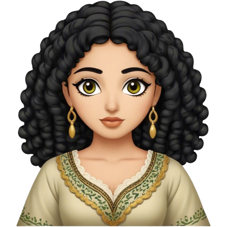 Godly beautiful Palestinian woman , with curly hair and defined eyeliner, and traditional thoob dress emoji
