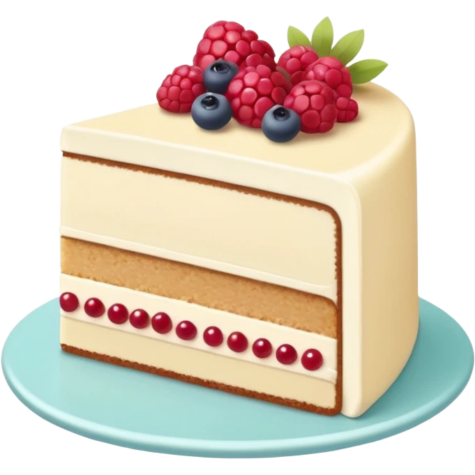 Confectionery humanless avatar in bright emoji-style illustration. Cake slice with cream and berries, pastel colors, simple shapes, flat design, sweet and inviting. emoji