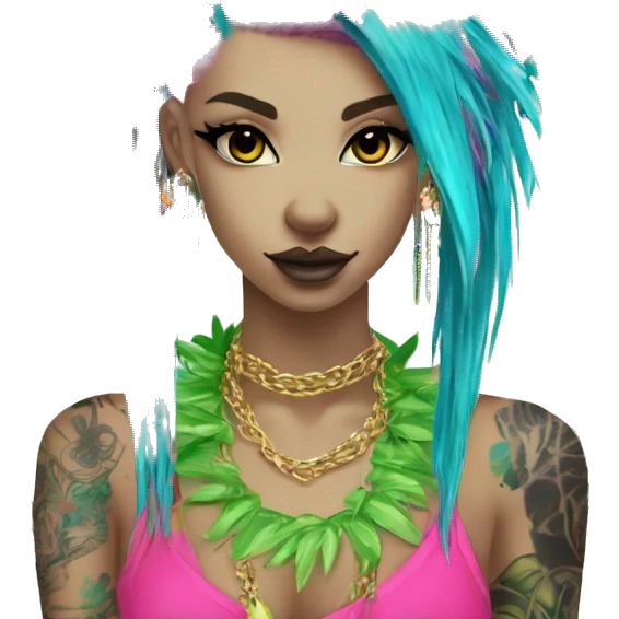Punk tropical palm leaves flowers Chinese crested dog neon rainbow cyan blue lime green pink hair gold chain punk piercings tattoos punk ear piercings emoji