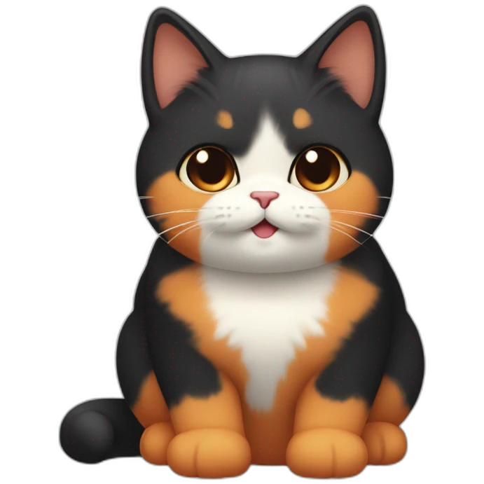 cute calico cat with a round face and chubby cheeks, black fur on left side and orange fur on right side emoji