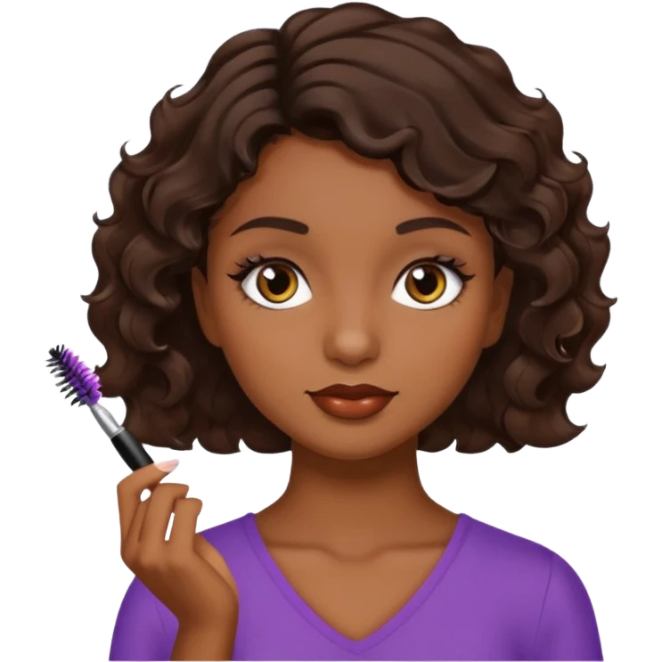 Garota parda de cabelos ondulados castanhos escuros curto aplicando máscara de cílios emoji