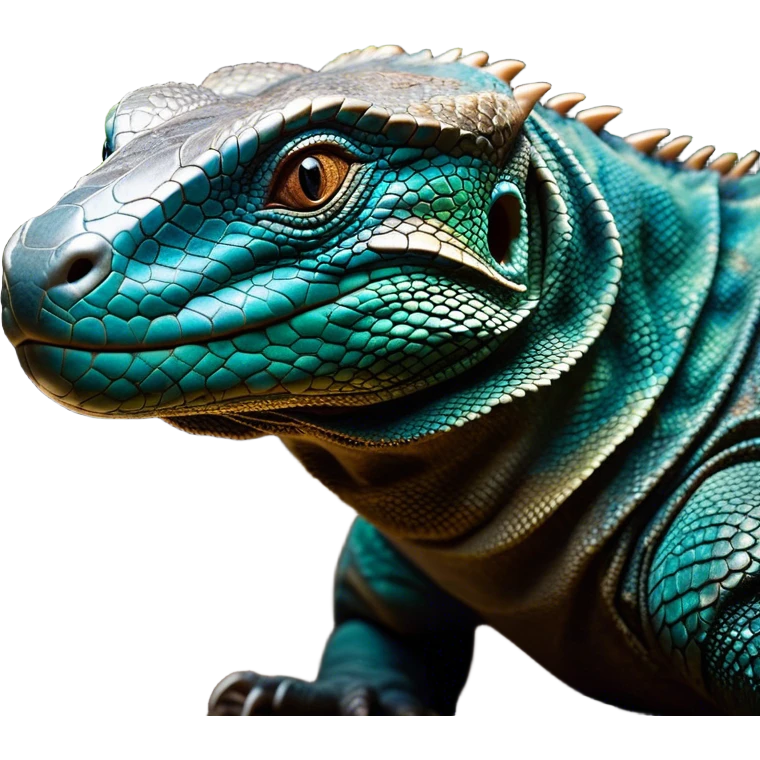 Cinematic Realistic Comical Komodo Dragon Portrait Emoji, Head tilted dramatically with an exaggeratedly amused expression, featuring a striking, glossy scaled hide with bold textures and wide, expressive eyes brimming with playful disbelief, rendered with lifelike detail and natural hues, high shine, dramatic yet playful, styled with an air of cheeky reptilian mischief, soft glowing outline, capturing the essence of a spirited and over‐the‐top Komodo dragon that looks ready to charge its way into viral fame! emoji