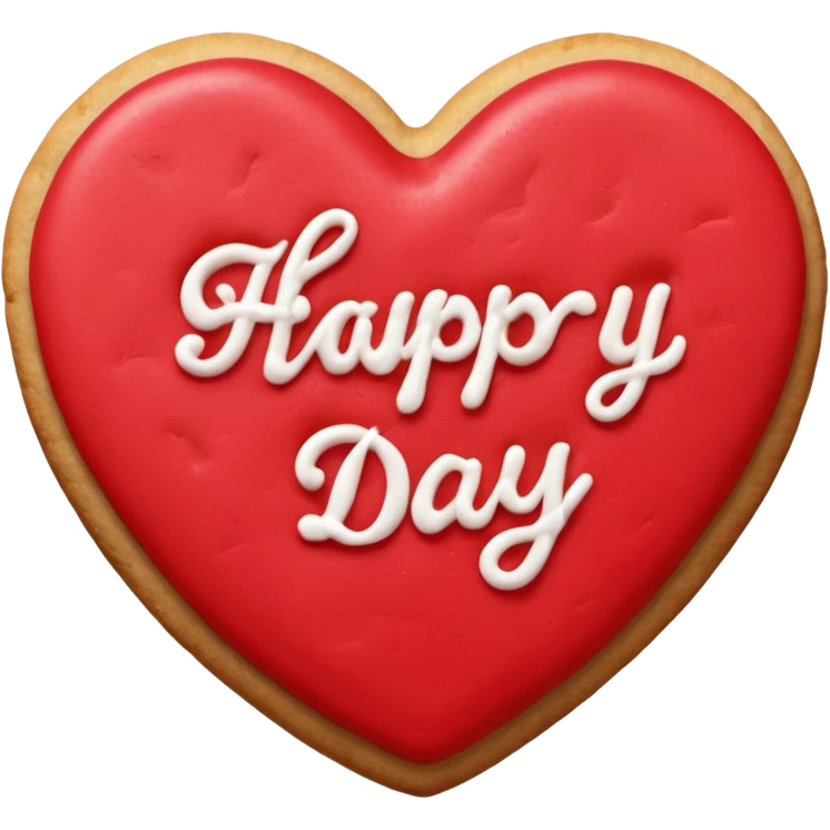 Heart-shaped cookie with red icing emoji, write 'happy valentine's day' on top of the red icing in white icing emoji