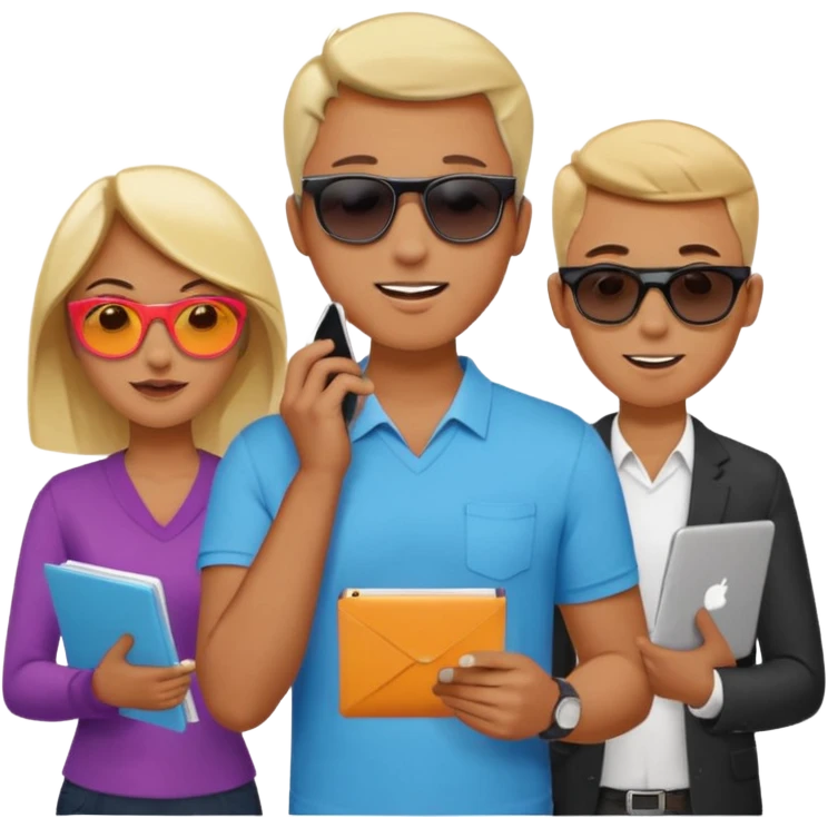Команда в костюмах из трёх человек. на переднем палне Мужчина впереди общается по смартфону, дальше женщина слева стоит с ноубуком, мужчина справа держит бумаги. У всех людей разные, но позитивные эмоции. Все троя в солнцезащитных очках emoji