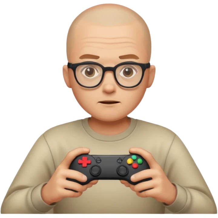 Homme qui joue à la console avec des lunettes et crâne raser emoji
