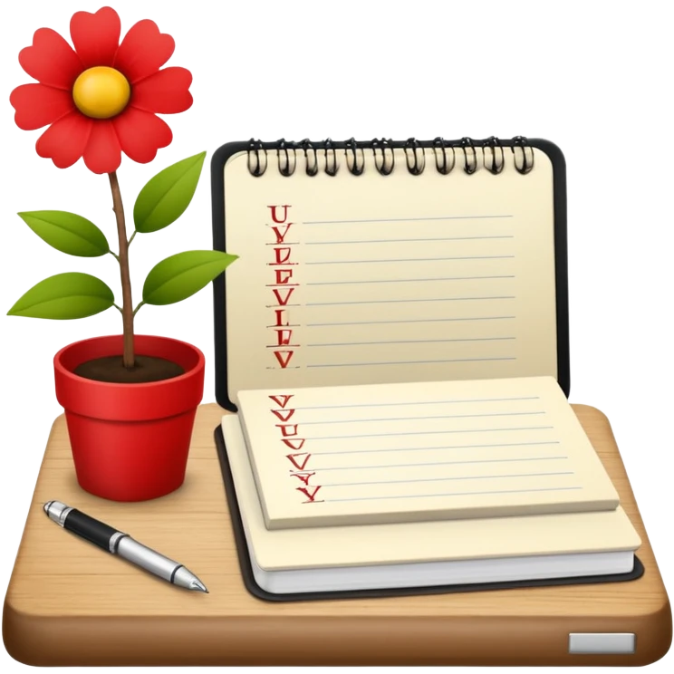 un letrero que diga VACACIONES y detrás un escritorio moderno, con una notebook, una agenda y una planta con una flor emoji
