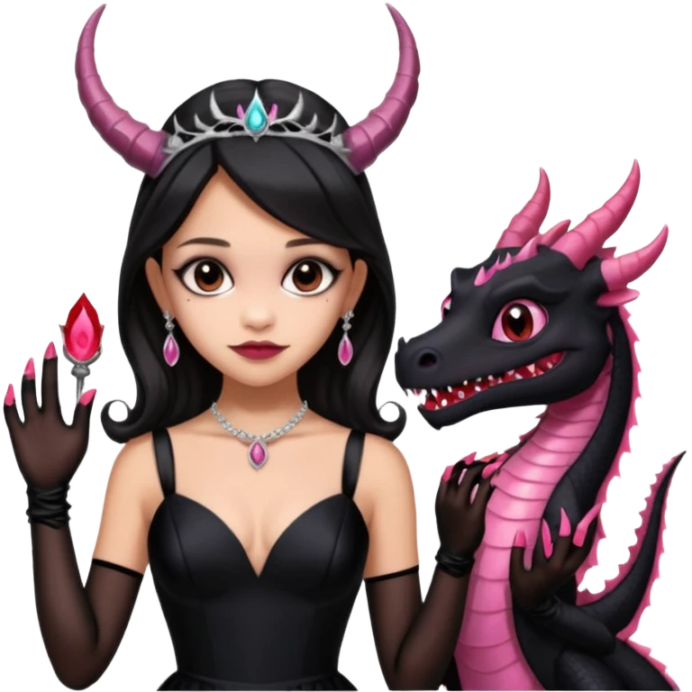 low cut back black evening gown with see-through gloves, Jenna Ortega as Addams woman prom queen wearing a mini tiara, very large blood  pink evil-looking horned old dragon companion emoji
