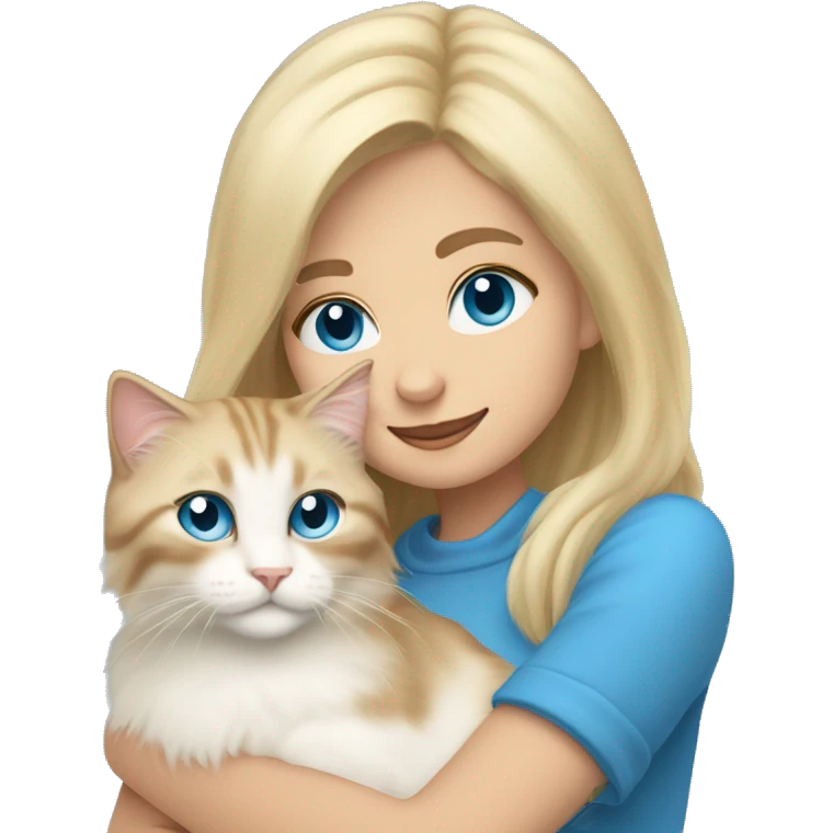 Pretty Blonde haired blue eyed woman snuggling a Siberian cat emoji