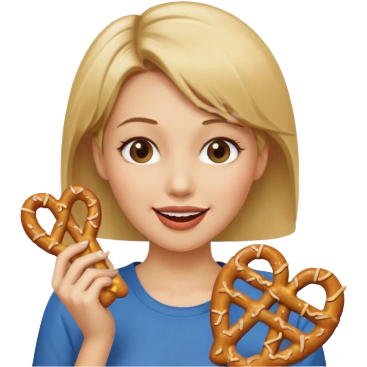 Short, Straight, Dirty blond hair, fair skin, woman winking holding pretzels emoji