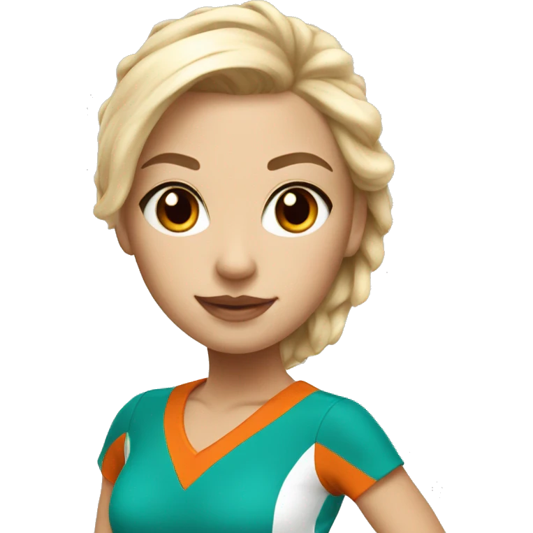 Blonde cheerleader with teal and orange uniform, brown eyes, white skin emoji