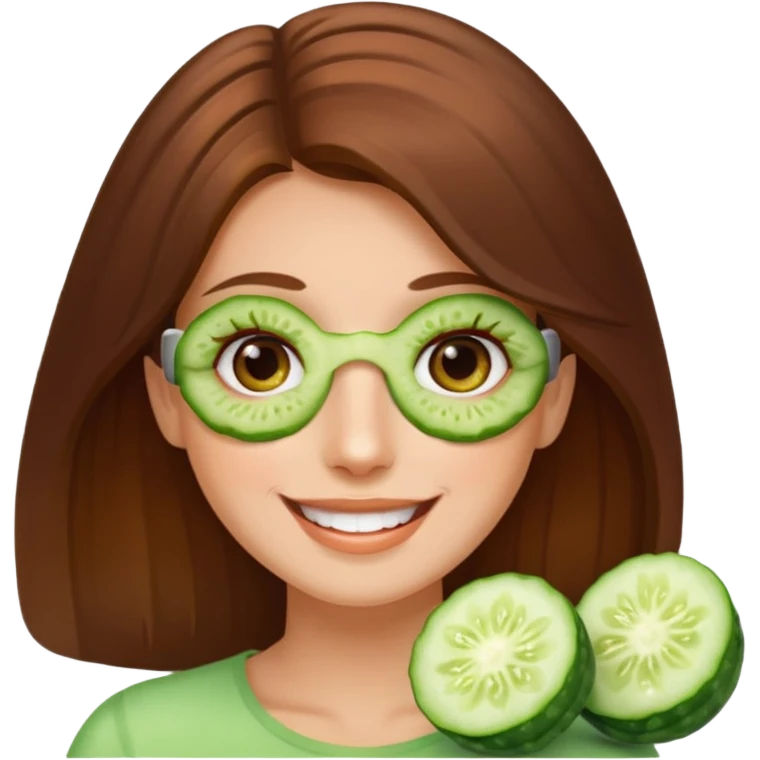 brownhaired smiling woman with cucumber on eyes emoji
