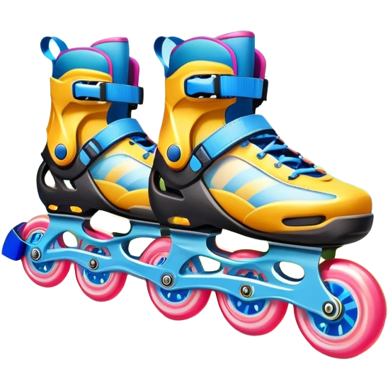 An icon featuring a pair of colorful rollerblades placed on a smooth path. The background showcases a picturesque park with lush greenery, blooming flowers, and a clear blue sky with soft clouds. The bright sunlight adds a cheerful touch to the scene. Transparent background emoji