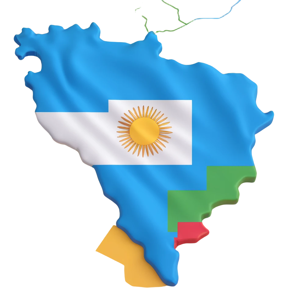 3D style illustration of Argentina's terrain with the Argentina flag overlaid, showing the flag colors vividly and clearly emoji
