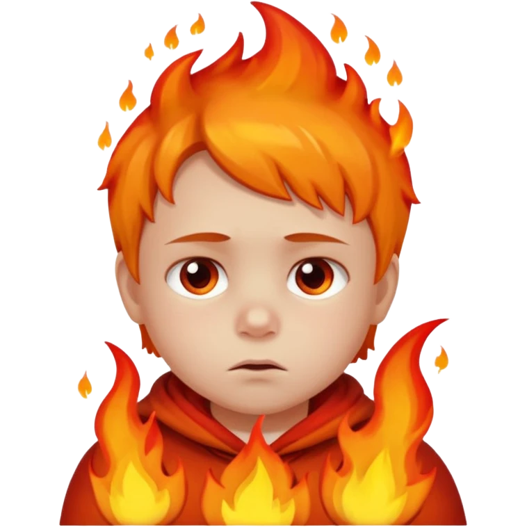 apple style emoji of a small child looking sad with fire in the background emoji