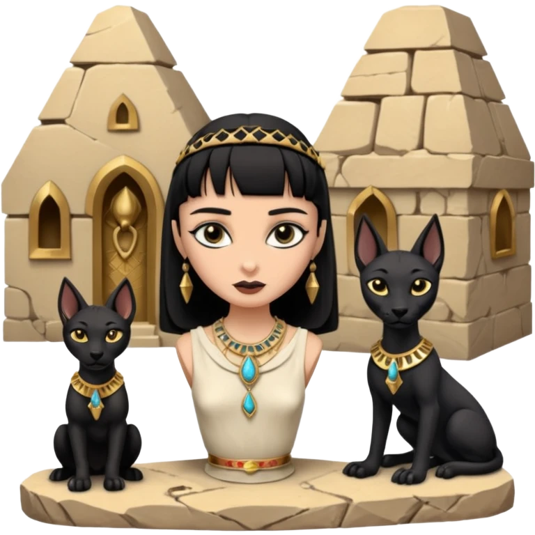 Witchy-mannered real Audrey Hepburn cleopatra Protecting silky black-haired tiny chained-slave-adorned statuette scale untamed evil-eyed Anubis dessert scenery stone-age cracked irregular dwelling  emoji