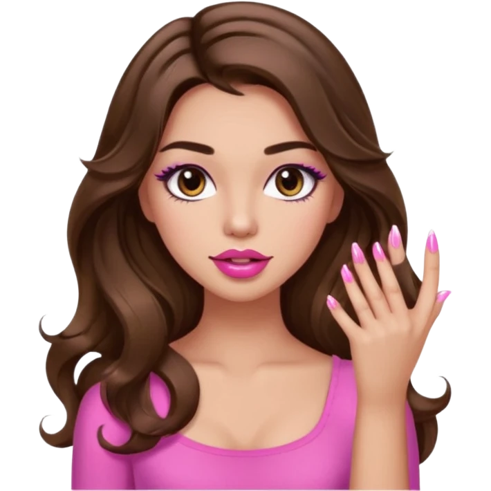 girl with long wavy brown hair, brown eyes, light to medium complexion, in a pink sexy top, pink puckered lips, long lashes, showing a manicure emoji