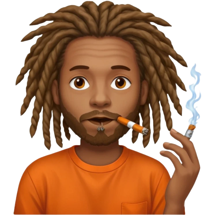 Brownskin man with very long dreadlocks orange shirt smoking weed blunt in mouth emoji