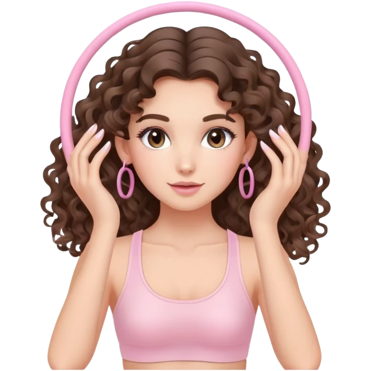 cute balayage brunette long hair curly/wavy haired girl, hoop earrings, clean girl makeup DOING pilates EXERCISE with a cute pastel pink set emoji
