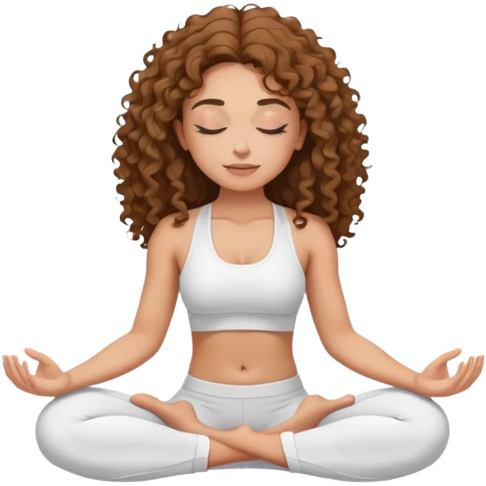 Brunette long curly hair Woman wearing white gym set with eyes closed and long eyelashes doing yoga mediation  emoji