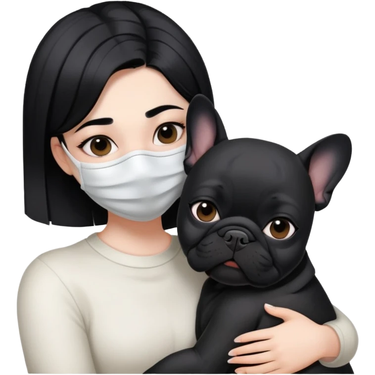 girl with short black straight hair wearing a mask and hugging a black French bulldog emoji