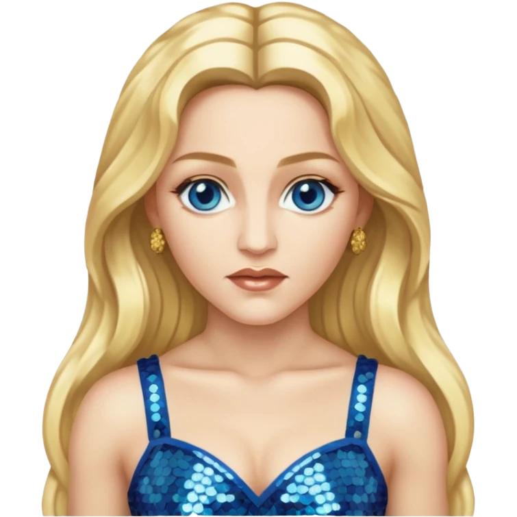 Madonna with blonde long hair, gold sequin crop top, blue eye emoji