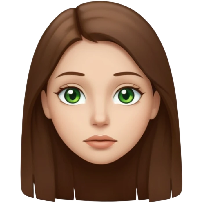 Female face emoji. Straight long brown hair, fair skin, green eyes, neutral expression, closed lips, minimal makeup emoji