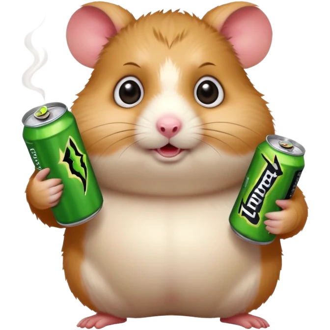 Funny cartoon-style fat hamster with big wide eyes  holding a can of monster energy in one hand and redbull in the other hand emoji