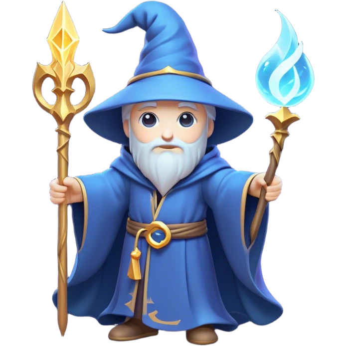 Clash of Clans aesthetic: Cinematic Playful Wizard Hero Emoji, rendered in a 3D vector-style similar to standard emojis with minimal shading and bold, simplified shapes. A compact, isometric figure draped in flowing enchanted robes and wielding a mystical staff, softly glowing with an arcane magical charm. Simplified yet unmistakably iconic, highly detailed and consistent, glowing with a soft radiant glow and high shine. Stylized with a touch of whimsical sorcery and a soft glowing outline, capturing the essence of a powerful wizard ready to cast spells with a friendly, playful spirit! emoji