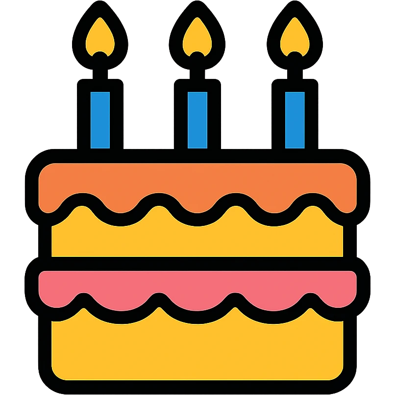 A birthday cake with lit candles and decorative frosting emoji