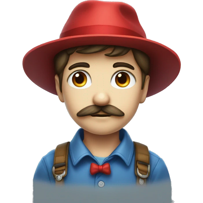 boy with a mutache and a red hat "m" is writing on the hat there is blue eyes and a big circle nose emoji