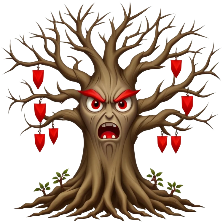 Tree with roots with red flags on the tips and angry faces hanging on the tips of the tree branches emoji