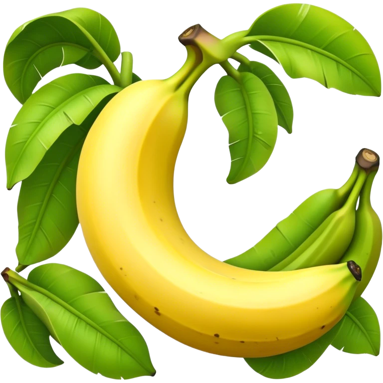 Cinematic Realistic Banana Emoji, Bright and cheerful, with a smooth, yellow peel slightly speckled with spots, revealing a soft, sweet interior. The banana is curved elegantly, standing out against the soft green leaves. Soft glowing outline, capturing the essence of tropical sweetness and energy in a ripe banana. emoji