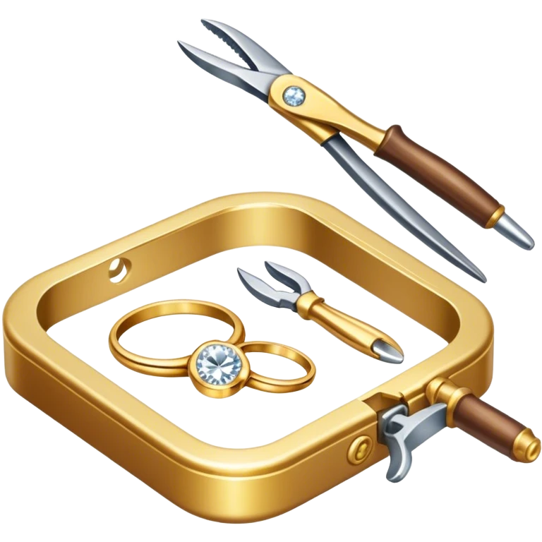 Create a bright and detailed icon representing jewelry art and the craft of making jewelry. The design should feature elements like a sparkling diamond, a gold ring, a jeweler’s tools (such as pliers and a workbench), and some delicate detailing that conveys craftsmanship and luxury. The icon should be clean, vibrant, and visually striking, with a balance of sophistication and creativity. emoji