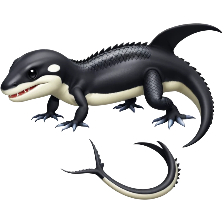 Black and white Orca-reptile-reptilian-lizard-skink-gecko-Digimon-Fakémon-hybrid full body, two legs, two arms, claws, tail emoji