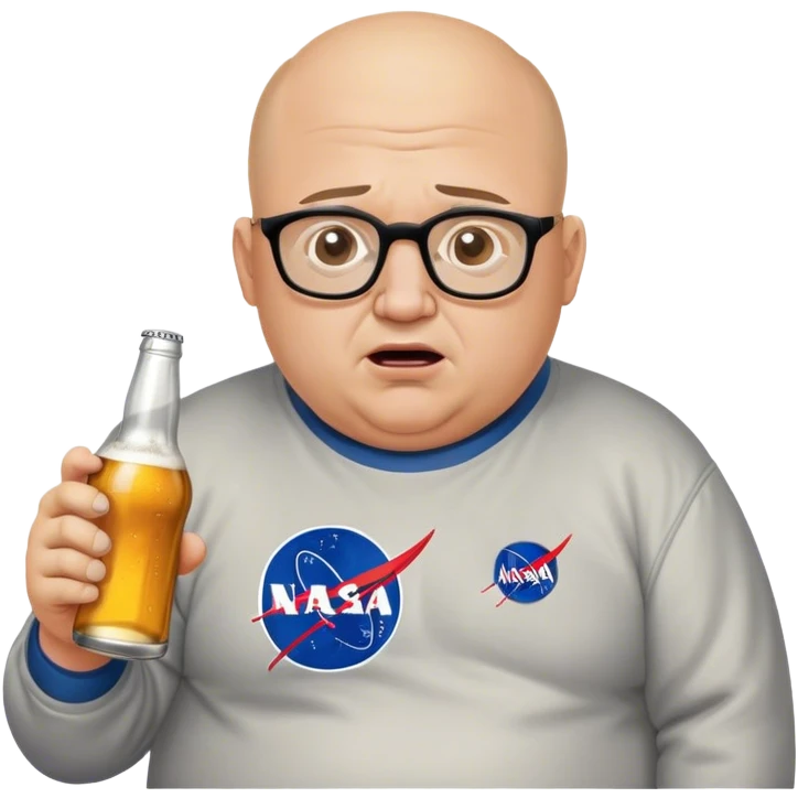  chubby weepy salesperson, beer bottle, complaining, not much hair, nasa sweatshirt, with glasses, 40 years old emoji