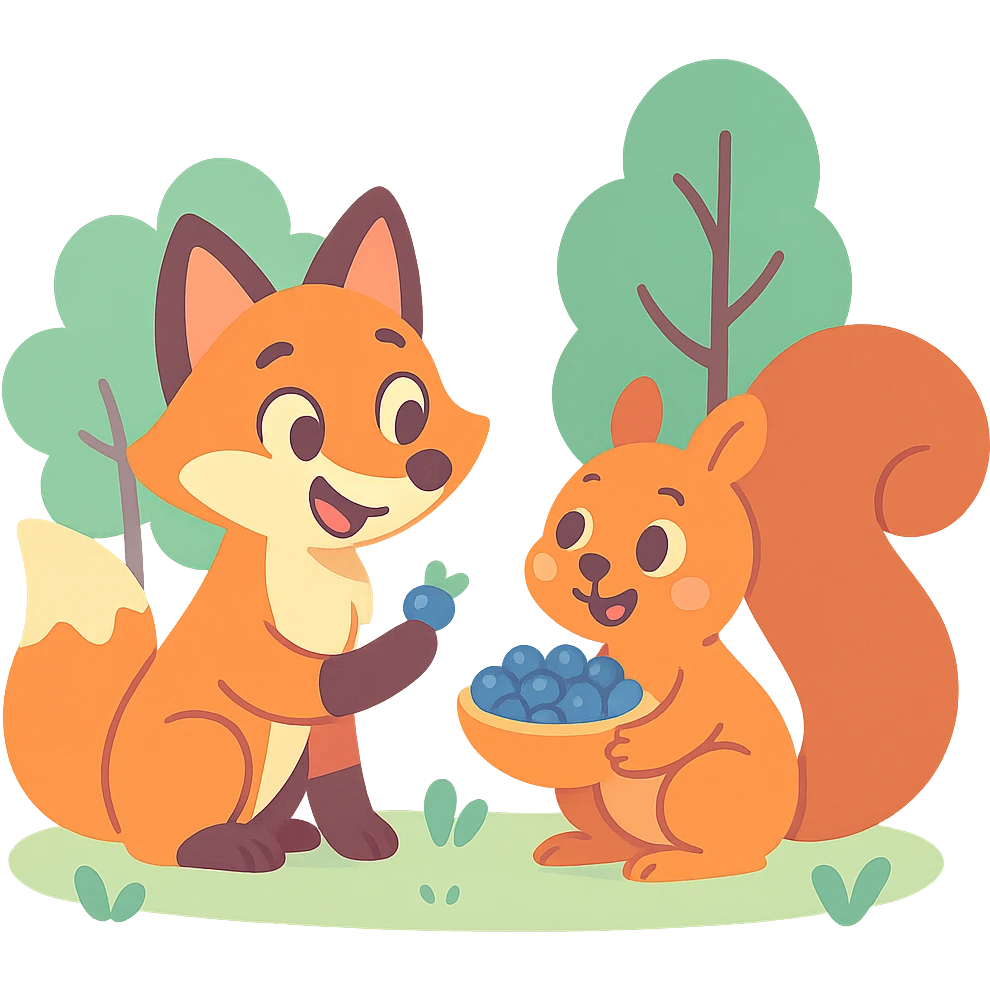 fox and squirrel sharing berries, forest friendship scene, soft pastel colors, pastel-toon style emoji