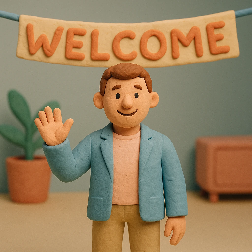 human character, center-frame, casual smart clothing in pastel blues, pinks, and neutrals, warm smile, one hand raised in a wave, stylized 'Welcome' banner behind, isometric perspective, soft diffuse studio lighting, subtle shadows, light depth of field, smooth rounded shapes, realistic skin texture, clean polished surfaces, modern minimalistic setting emoji