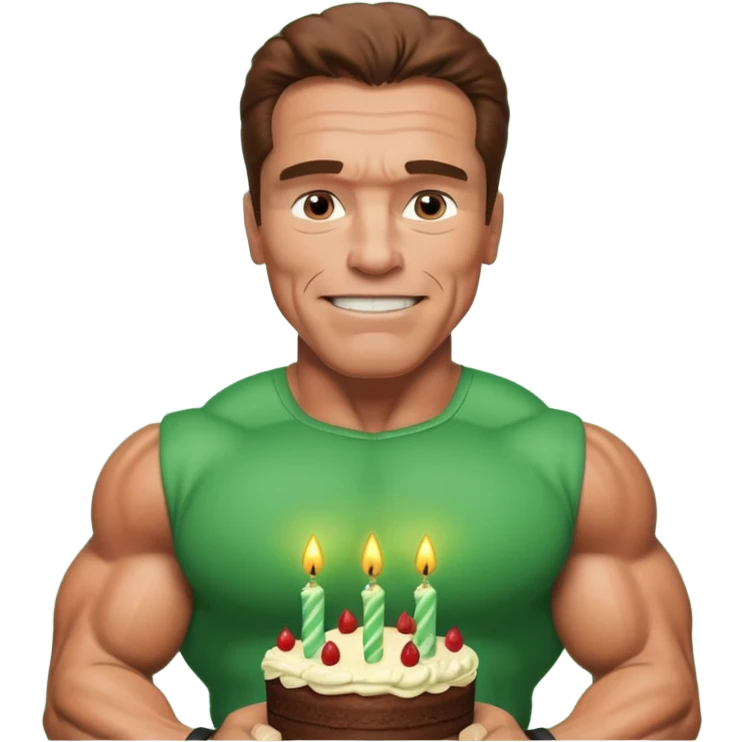 Arnold Schwarzenegger saying happy birthday . Birthday in a green color with big font . Arnold with his muscles emoji