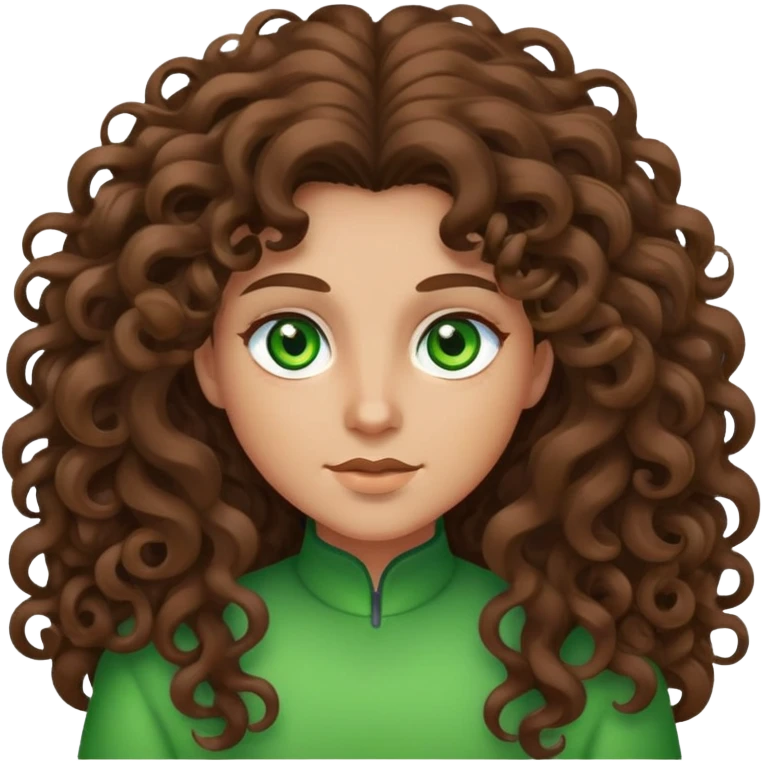 Character with extremely long massive voluminous curly brown hair and bright green eyes emoji