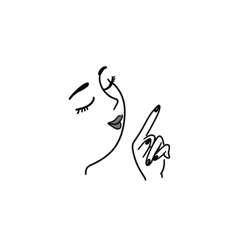 A hand-drawn face with closed smiling eyes with eyelashes, pursed lips wearing lipstick, and a hand with painted nails where only the thumb is out emoji