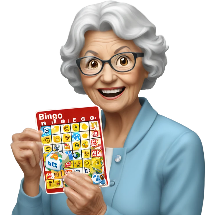 Create a 3d hyper realistic photo of a senior woman holding a bingo card emoji