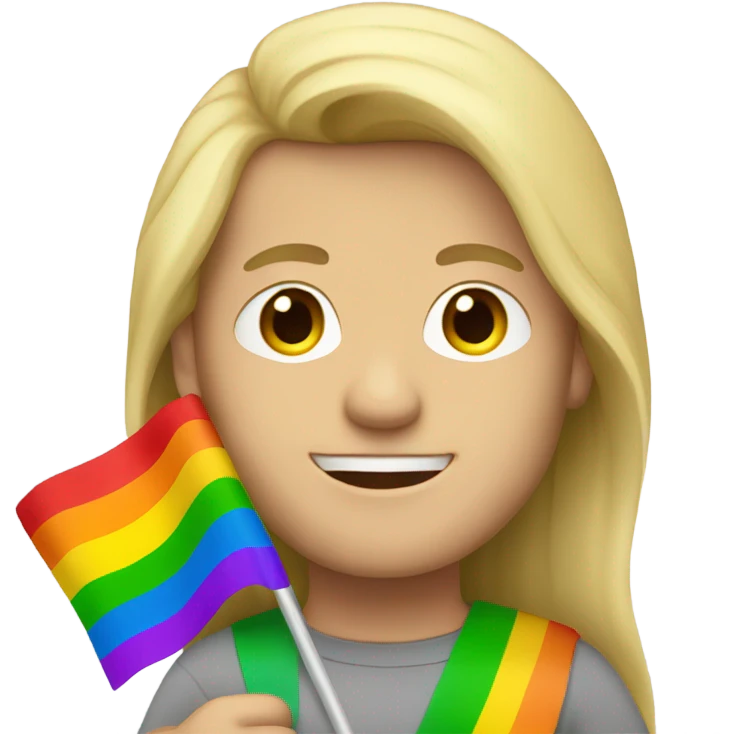 caucasian man with straight long blonde hair holding rainbow flag emoji