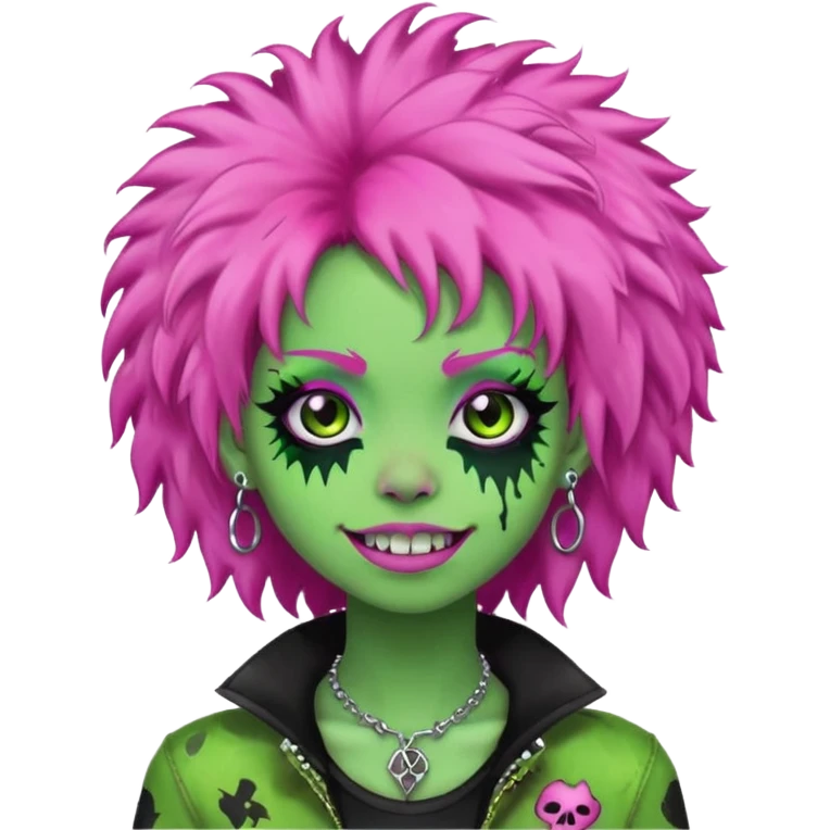 girl, green zombie,pink afro, long, emo, shaggy, dark, spooky,double eyebrow dermal piercing, cute illuminous smile emoji