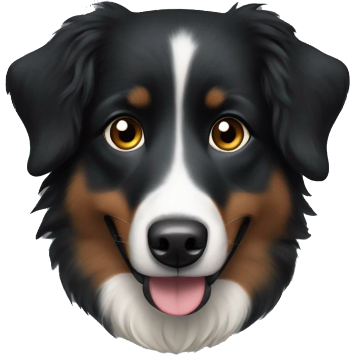 Small black australian shepherd dog with dark brown eyes and black face emoji