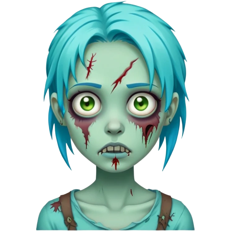 zombie girl with turquoise blue hair, pale green skin, stitches on face, cartoonish undead appearance emoji