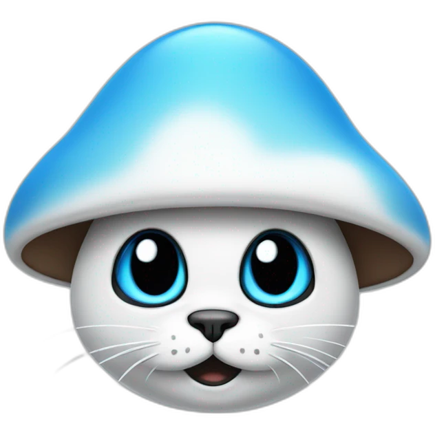 Old Blue smurf cat face with black eyes wearing a large white mushroom on his head emoji