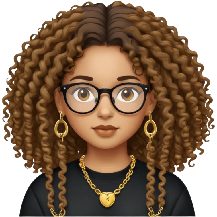 Mixed girl /curly long hair brown / with black eyes glasses black sweat shirt middle part little gold earring and gold chain  emoji