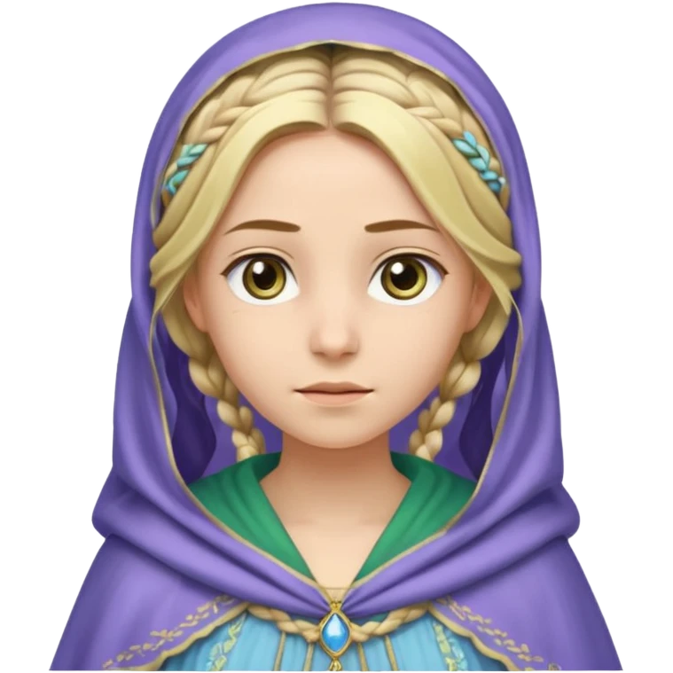 
mujer, Joven, de aspecto dulce y elegante.
Piel clara, ojos grandes y expresivos (pueden ser azules o verdes), sonrisa triste.
Rubio o castaño claro, largo, con trenzas o velo.
Vestido largo de tonos suaves (blanco, azul o lavanda), con bordados dorados; un manto o toca fina cubriendo la cabeza.
 emoji