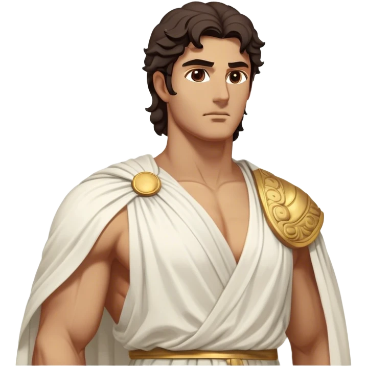 Cinematic Realistic Hercules Portrait, depicted as a classical Greek statue with a robust, muscular build and perfectly chiseled features. His bronze, sun-kissed skin has a timeless, marble-like quality, and his thick, wavy dark hair frames a face exuding determination and quiet nobility. Draped in a flowing white robe with subtle golden accents, the portrait is rendered under dynamic natural lighting that highlights every sculpted detail and evokes the majesty of ancient myth. emoji